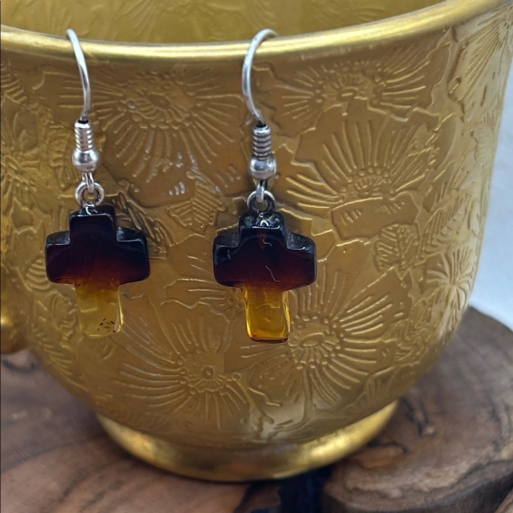 Amber Cross Sterling Earrings Pierced 1 1/2” Long